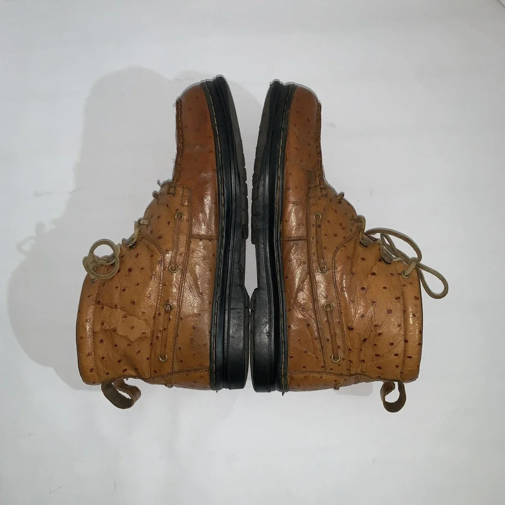 Justin Vintage Ankle Boots Mens 13M Brown Leather Ostrich Print Moc Toe Work 910
